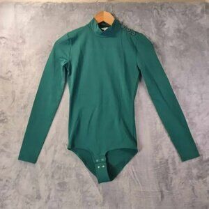Mockneck Bodysuit with Button Shoulders J.Crew‎ Green XXS Stretch Tucked-in look